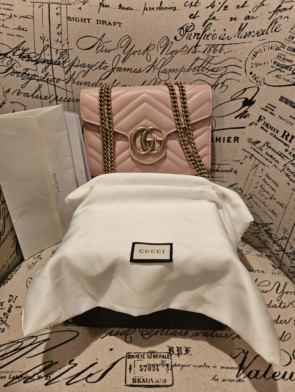 Gucci GG Calfskin Marmont Chevron Quilted Leather Wallet on Chain Pink